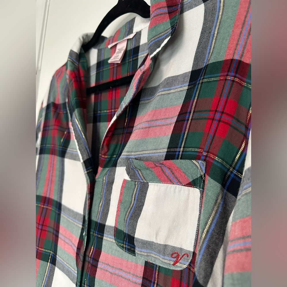 Victoria's Secret Flannel PJ Pajama Set White Red Green Plaid Size Small - Picture 9 of 16